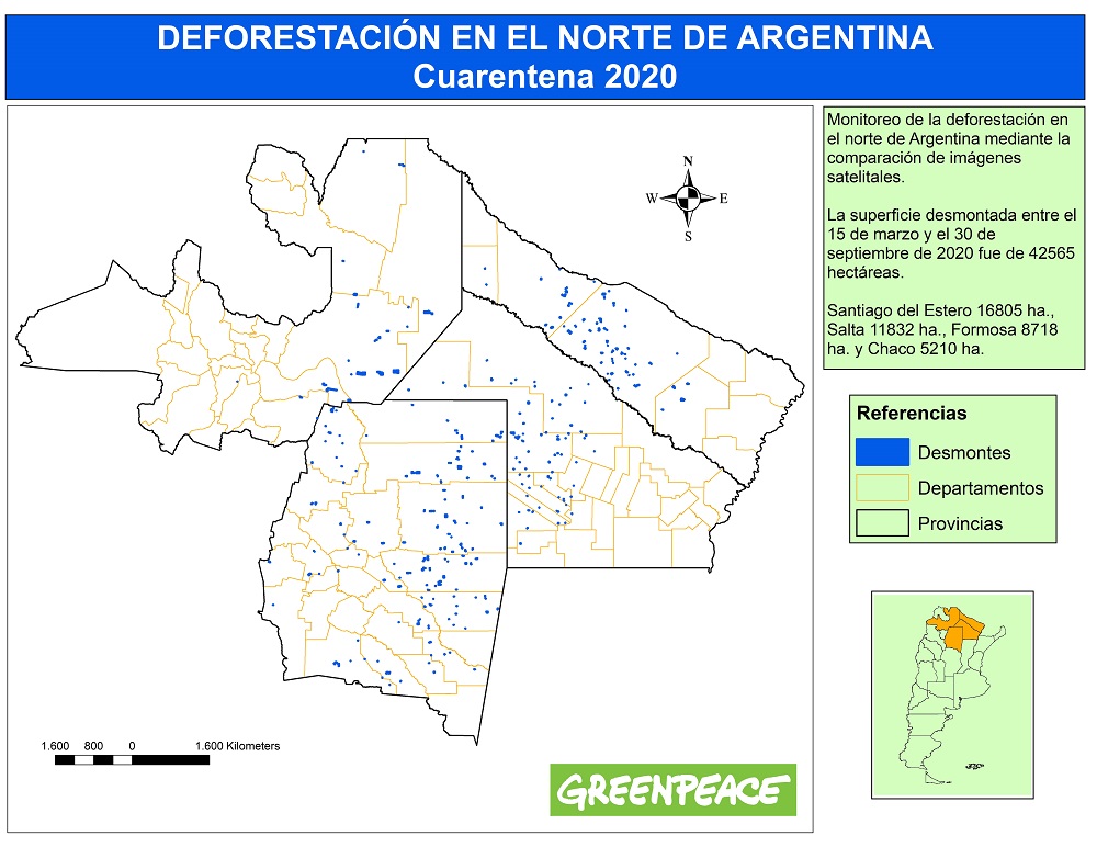 El monitoreo de deforestación en el norte de Argentina que realiza Greenpeace reveló que, a pesar de las restricciones impuestas por la pandemia de COVID-19, entre el 15 de marzo y el 30 de septiembre de este año se desmontaron 42.565 hectáreas de bosques, una superficie similar a la de dos veces la ciudad de Buenos Aires. La organización ecologista reclamó que se prohíban y penalicen los desmontes e incendios.