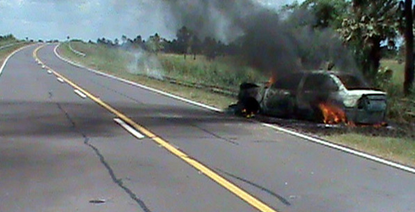 Esquivó una iguana, chocó una palmera y se incendió el auto