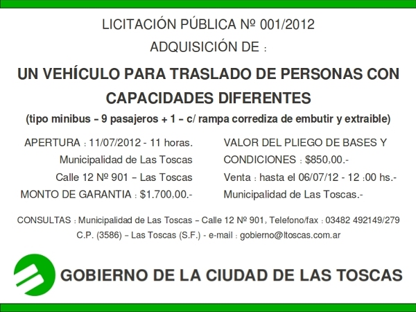 Licitan pública para comprar un vehículo