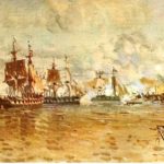 La Batalla de Vuelta de Obligado, óleo de Manuel Larravide. Los barcos y el armamento británico duplicaban en numero y calidad a los de las tropas argentinas, sin embargo, estas lucharon hasta el final.
