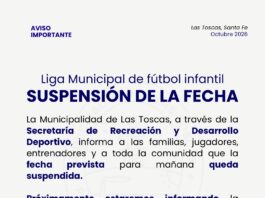 Las Toscas: Se suspendió la fecha de la Liga Municipal de Fútbol Infantil
